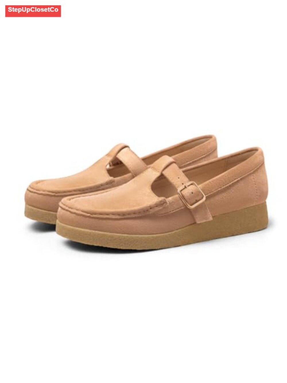 Platform T-Strap Square Toe Loafers Faux Suede Slip On Flats